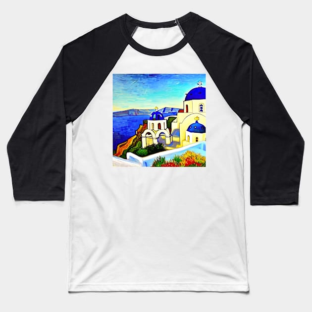 Santorini - Van Gogh Style Baseball T-Shirt by Crestern